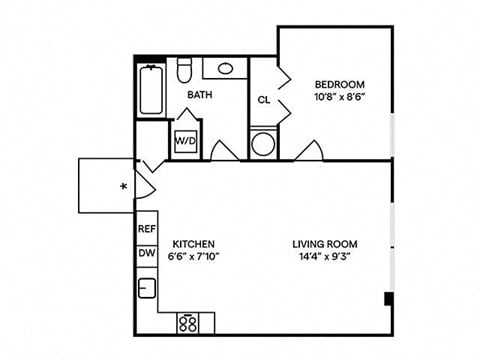 Floor plan for 1 bed, 1 bath, 600 sqft
